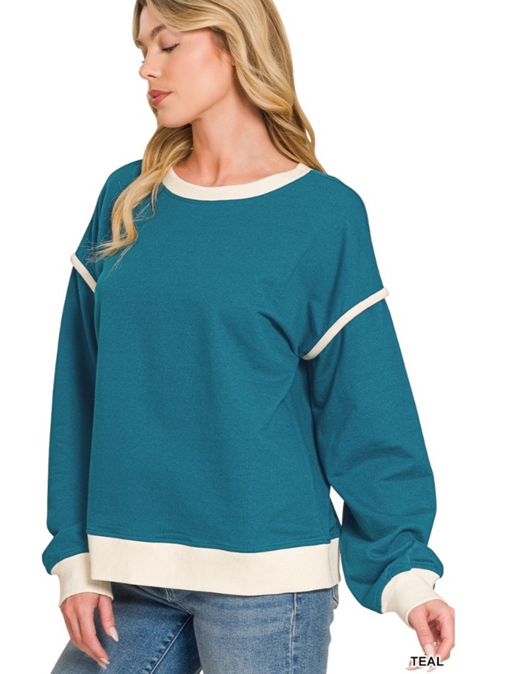 Zenana Outfitters Teal Sweatshirt with Cream Trim